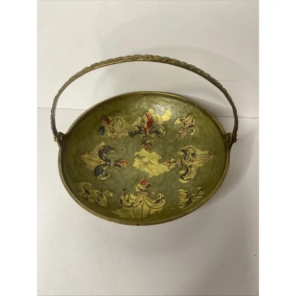Vintage Brass Enameled Basket With Hinged‎ Handle Trinket