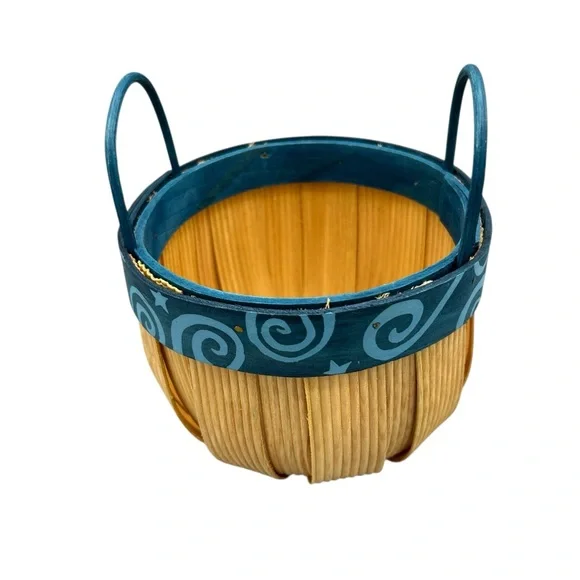 Rustic Blue Wooden Basket Small Handled Round Decorative Organizer Farmhouse