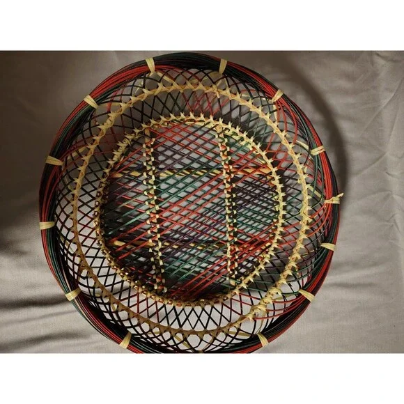 Vintage Multicolor Wicker Rattan Woven Basket Bowl Boho Decor Boho Chic MCM
