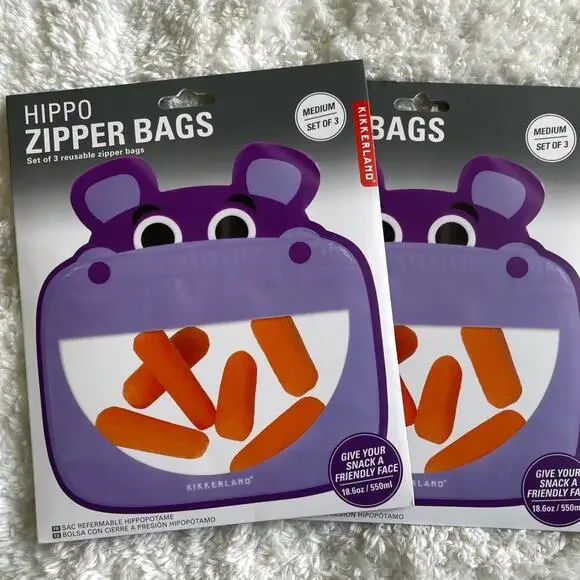 Hippo Zipper Snack Bags Reusable Medium Food Storage NEW Set of 2 Kikkerland