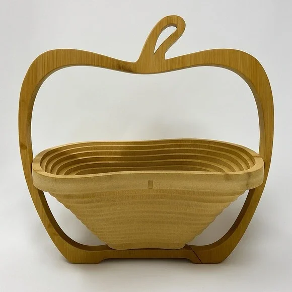 Collapsible Fruit Basket Bamboo Wood Bowl Apple Shaped