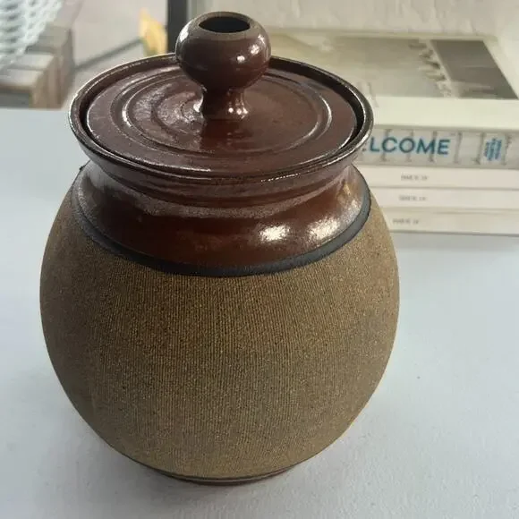 Art Studio Pottery Handmade Stoneware Lidded Storage Jar Artist Signed Brown Vtg