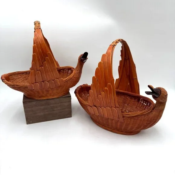 Goose or Swan Duck Nesting Baskets 1970s Mid Century Woven Wicker Rattan & Bambo