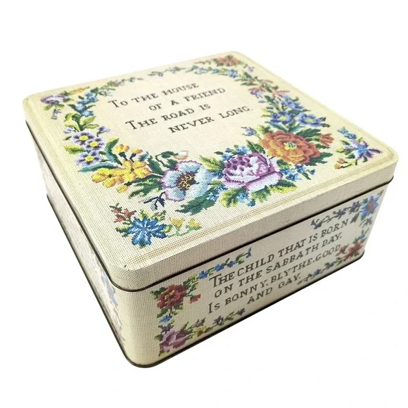 Vintage Carr's of Carlisle England Needlepoint Floral Tin Box Cottagecore Cream