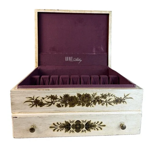VTG Lunt Sterling Mahogany Flatware Chest Distressed Florentine Style w/ Drawer