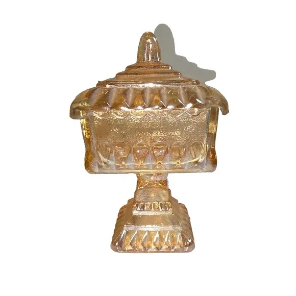 Vintage Painted Amber‎ Glass Pedestal Candy Dish w Lid Square Compote Jeannette