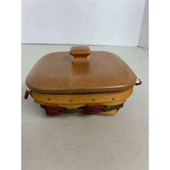 Longaberger Blue Ribbon Collection Small Square Basket Wood Lid Christmas 2002