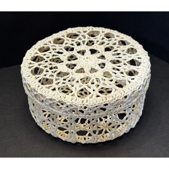 Vintage Crocheted Lidded Trinket Box Stiff Starched Cottagecore Boho Coastal