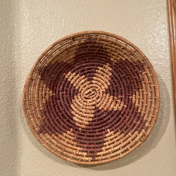 Handmade Coil Basket Bowl Flower Star Pattern Brown Tan 12 inches