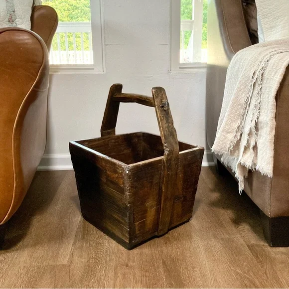 Big Wooden Rice Basket Bucket Rustic Distressed Farmhouse Decor