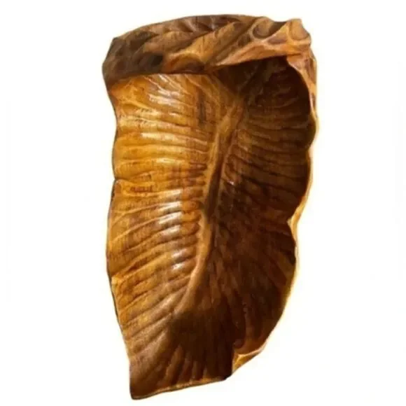 Handmade vintage wood leaf large bowl with handle