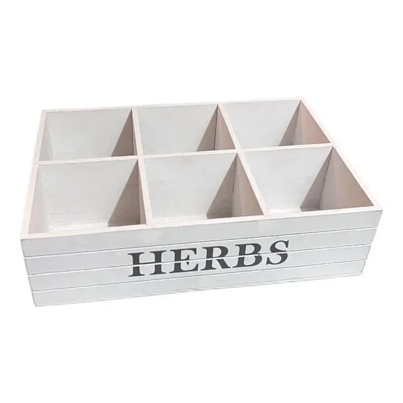 White Wood Rustic Distressed Farmhouse Shabby Herbs Box‎ 6 Section Compartment
