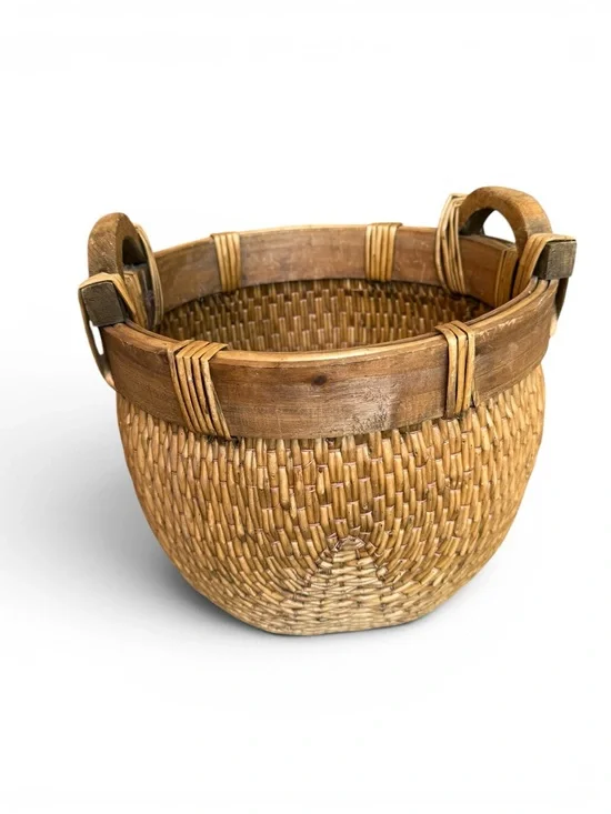 Antique Chinese Natural Woven Willow Basket With Wood Handles