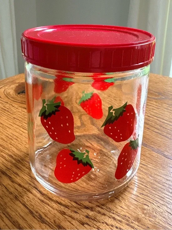 Vintage Red Strawberry Glass Storage Jar with Lid ~14 ozs.