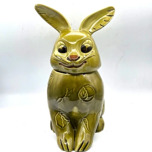 VINTAGE Olive Green Bunny Rabbit Shaped Cookie Jar Doranne of California RETRO