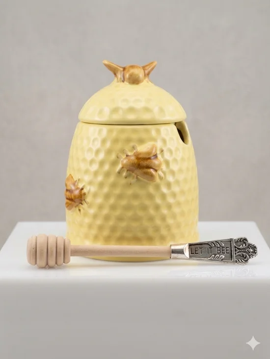 Creative Co-Op Yellow Beehive Ceramic Honey Jar with Wooden Dipper 6