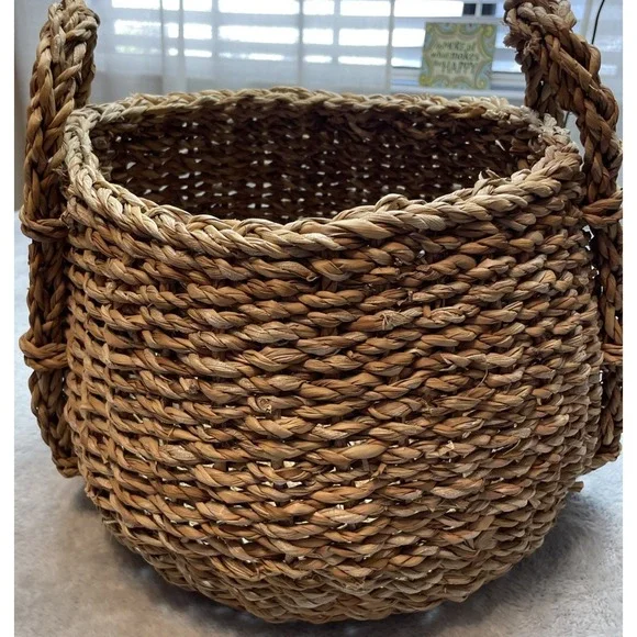 Woven Round Seagrass Belly Basket Wicker Home Storage Handled Beehive Bowl Boho