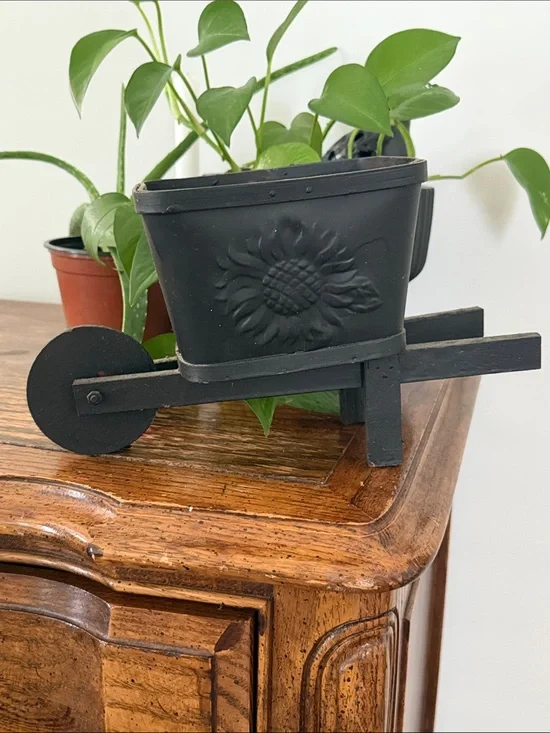 Black Wheelbarrow Planter with Sunflower Motif