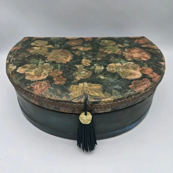 Antique Half Moon Floral Decoupage Large Storage Box Green 12X8X4 Old World