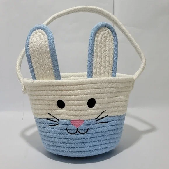 Blue and White Bunny Easter Basket Woven Cotton Rope Rabbit Pail with Ears