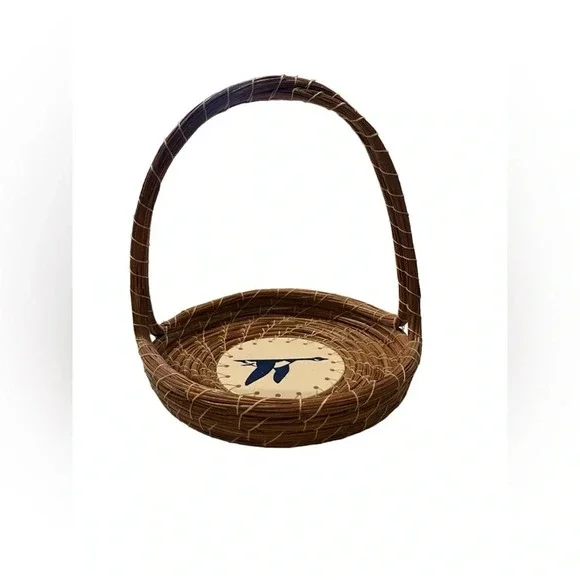 Pine Needle Handle Basket With Handpainted Ceramic Bird Plate Bottom Sig…