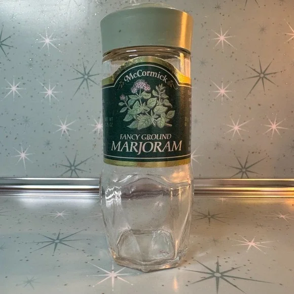Vintage McCormick Marjoram Jar Green Label Lid Glass Spice Bottle Retro Kitchen