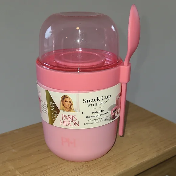 Paris Hilton Pink Portable Snack Cup with Attached Spoon