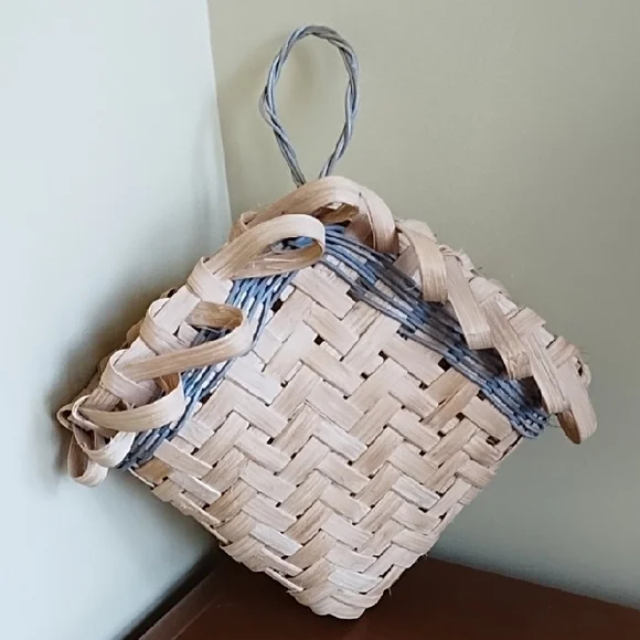 Hand Crafted Bamboo Basket Diamond Shape Mother's Day Gift Cottagecore Blue Trim