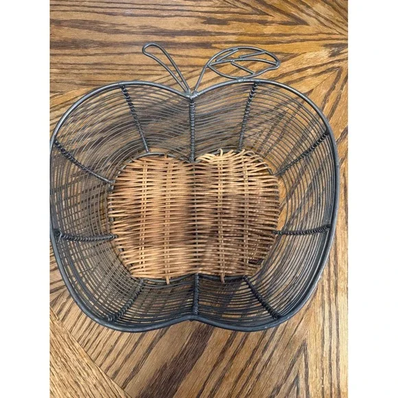 Vintage Apple Shaped Wire Fruit Basket with Woven Wicker Bottom Grey Farmhouse