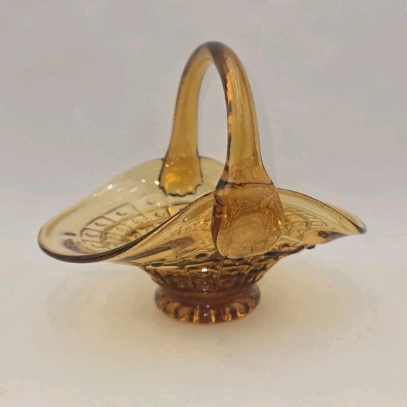 L.E. Smith Amber Glass‎ Basket Button Panel Pattern Vintage Mid-Century Candy