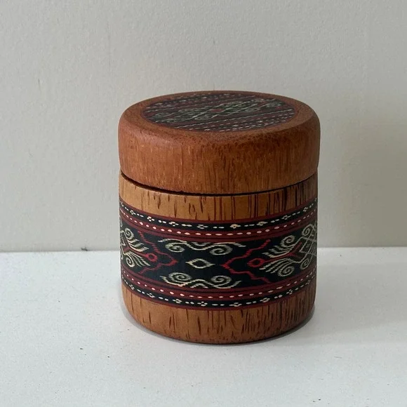 Vintage Wooden Trinket Box Match Holder Ornate Textile Inlay Lid Container‎