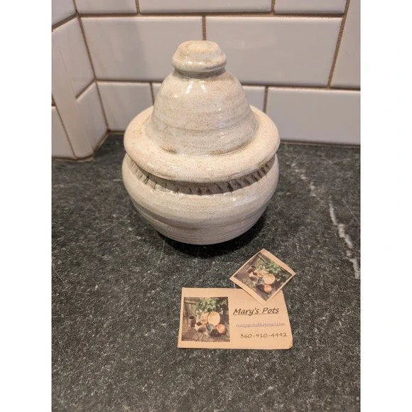 Mary's Pots Studio Pottery Lidded Jar Cream Yellow Teal Hand Thrown Signed MS