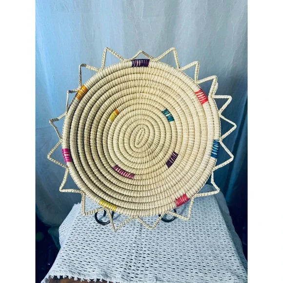 Unbranded Woven Wall Basket Medium Beige Multi Sunburst Boho Hand-Woven