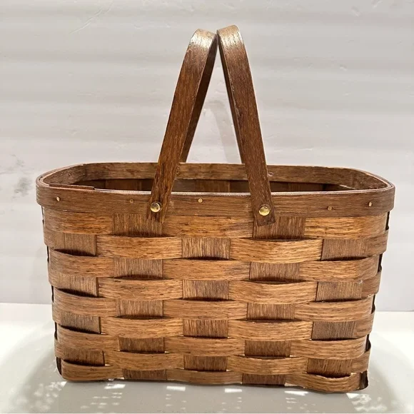 Vintage Dark Brown Woven Basket Wooden‎ Handles Rectangle Skinny Brass Hardware