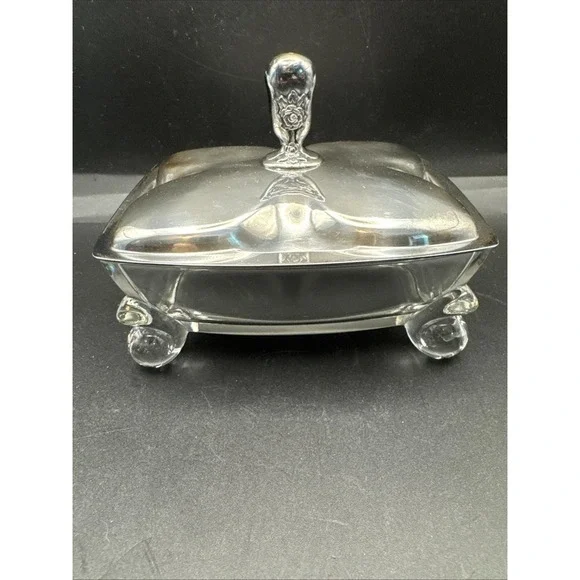 International Silver Square Lidded Crystal Candy trinket Dish Ball Feet