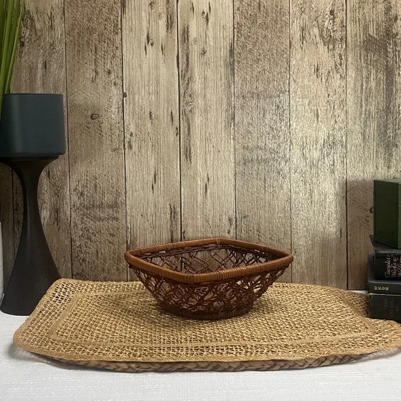 Vintage Woven Wicker Basket | Rustic Farmhouse Catchall Tray | Boho Home Decor