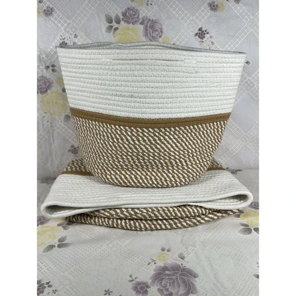 Cotton Rope Storage Basket Bins Round Foldable 3‎ Pack Beige