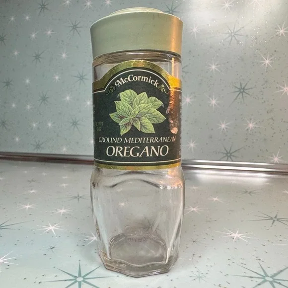 Vintage McCormick Mediterranean Oregano Jar Green Label & Lid Glass Spice Bottle