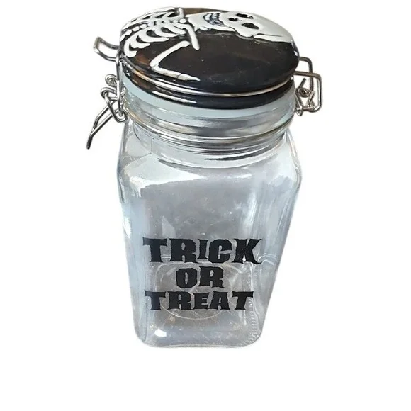 Halloween Skeleton Glass Jar Trick or Treat Spooky Candy Storage Wire Bail Lid