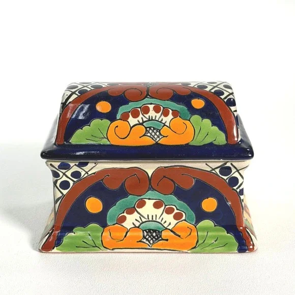 Vintage Talavera Trinket Box Small Multicolor Mexican Pottery Hand Painted