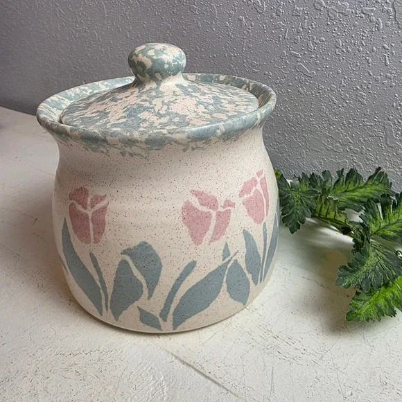Vintage Ceramic Canister Jar Lid Pink Blue Tulips‎ Floral Design Kitchen Storage
