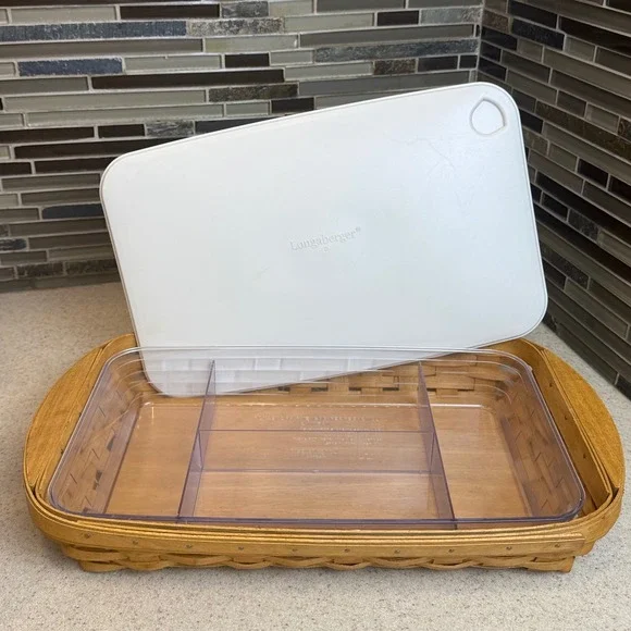 Longaberger 2005 Rectangular Serving Basket w/ Divided Protector & Lid 16.5