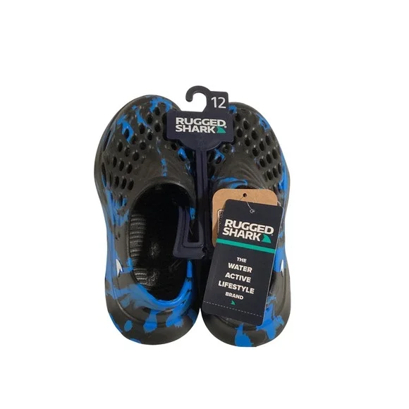 Rugged Shark Kids Water Shoes Size 12 Black‎ Blue Marbled Slip On Clogs NWT