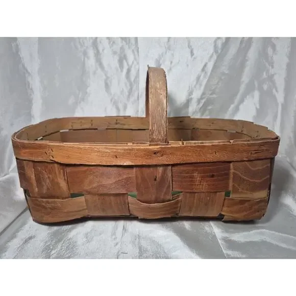 Antique Woven Wood Splint Gathering/Fruit/Market Basket With Handle 9