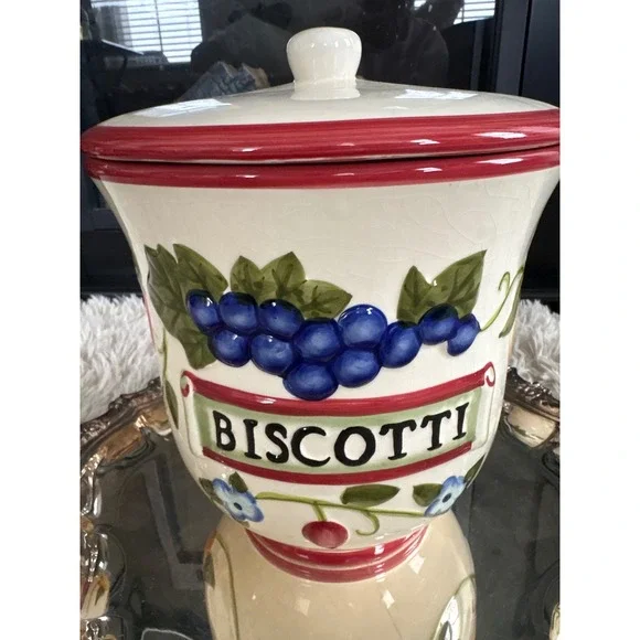 Italian Ceramic Biscotti Cookie‎ Jar Vintage Fruit Design Red Lid