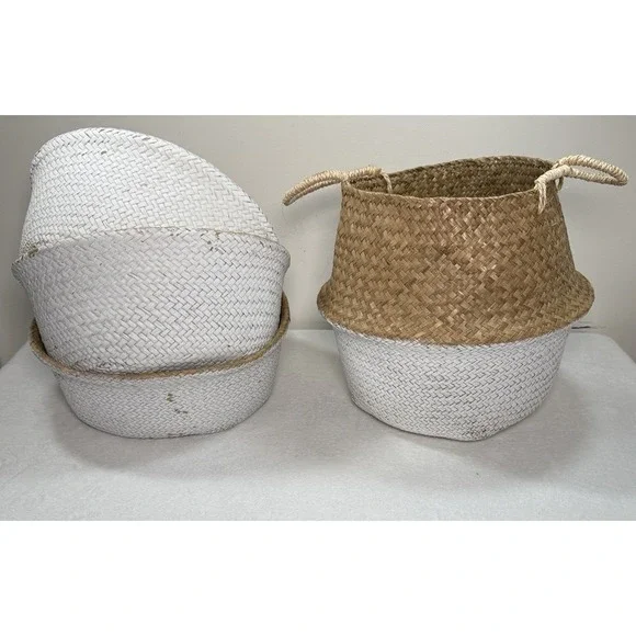 Woven Wicker Seagrass Belly Plant Basket Tan/White Indoor Outdoor Storage New