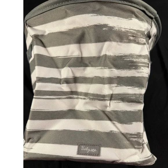 Thirty-One Mini Storage Bin‎ Grey White Brushstroke Stripe Organizer Office Bag