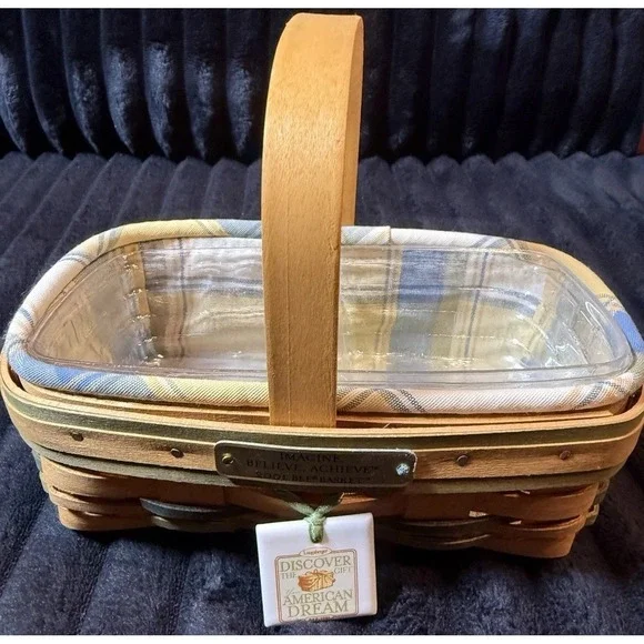 Longaberger 2001 Imagine Believe Achieve Bee Basket With Liner Protector Tie-On