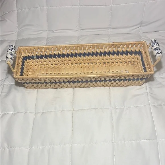 Woven Rectangular Basket with Ceramic Blue and White Handles