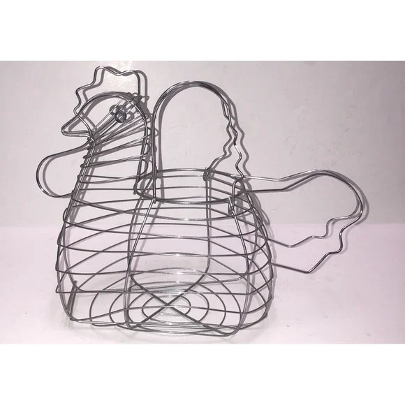 Chicken Hen Egg Basket Gray Chrome Wire Large Farmhouse‎ Country Vintage Kitchen